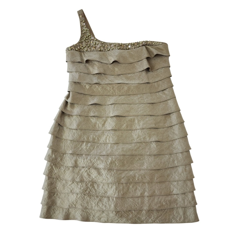 Jessica Howard One Shoulder Tiered Ruffle Cocktail Dress Champagne Gold 10P